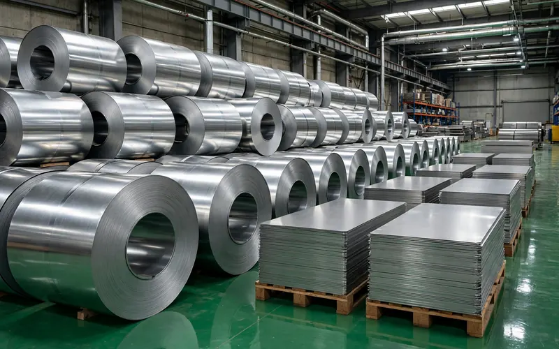Stainless steel coils and sheets in a warehouse