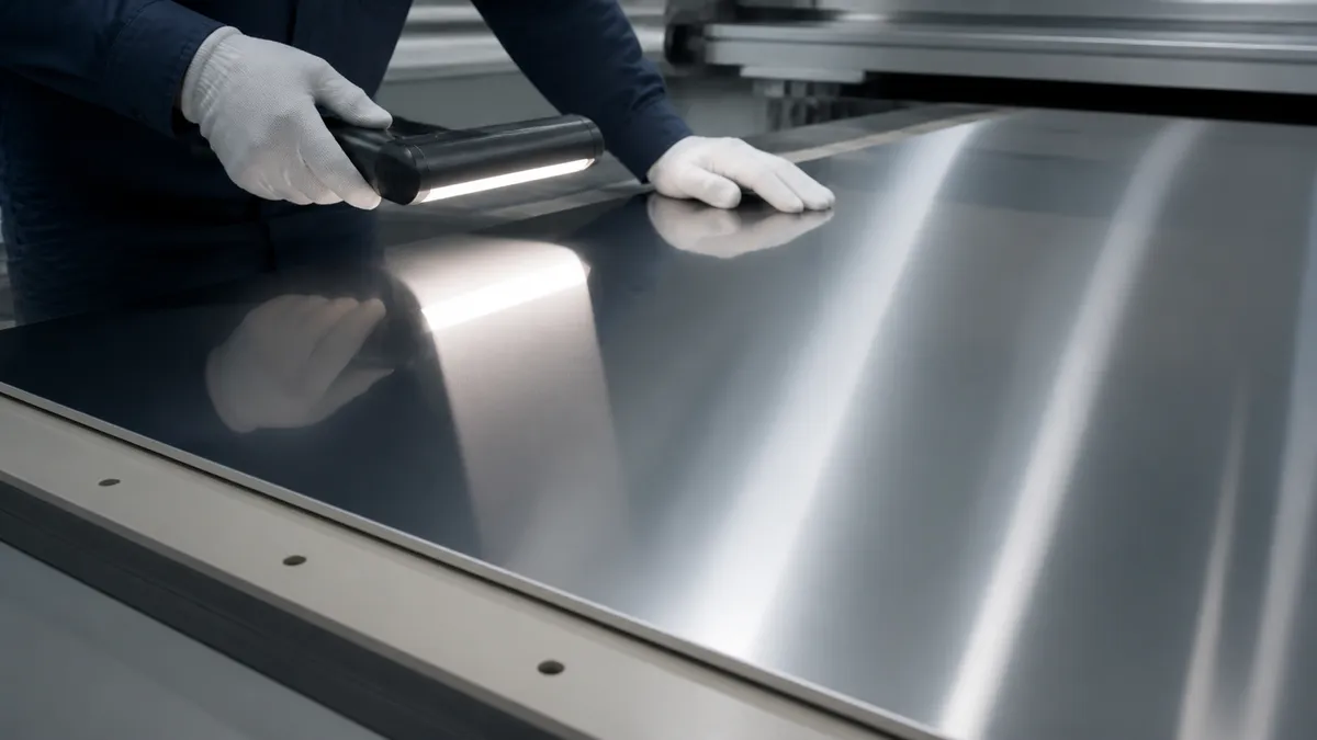 Mirror polished stainless steel surface with clear reflection
