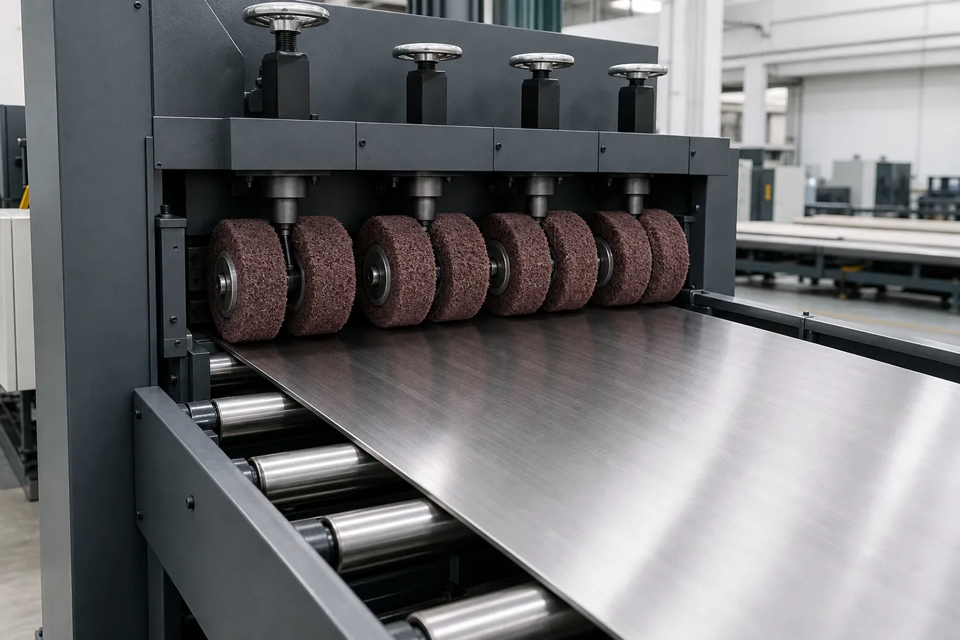 Generic non-woven abrasive wheel finishing line processing a stainless steel sheet