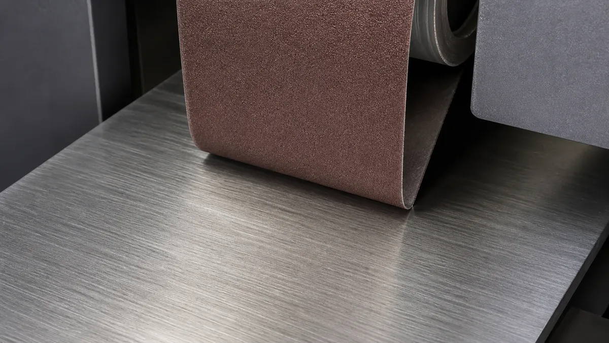Generic abrasive belt contacting a titanium sheet during controlled directional surface finishing