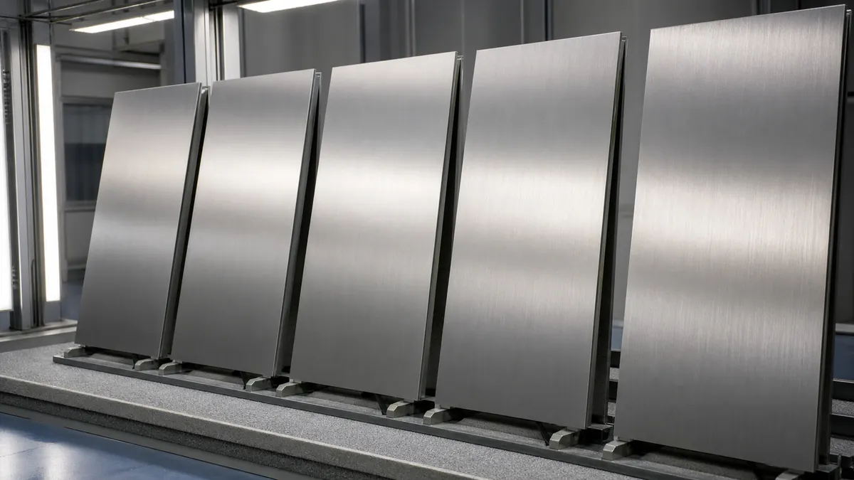 Generic titanium panels with satin finishes in a controlled industrial inspection area
